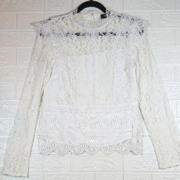 361-DO+BE Lace Detailed White Long Sleeve Top - Picture 1 of 4